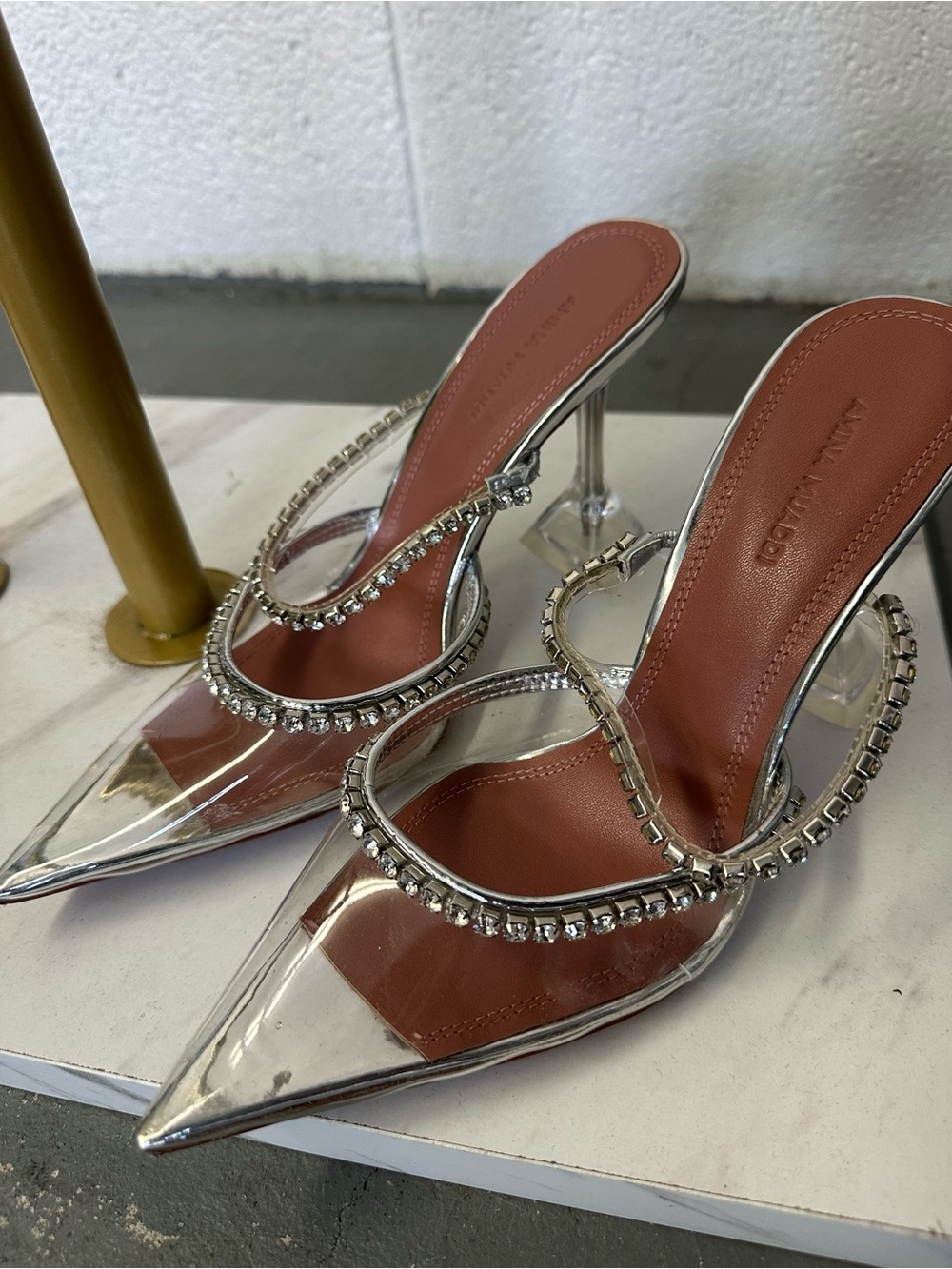 Amina Muaddi Clear PVC Pointed Mule with Silver Crystal Straps